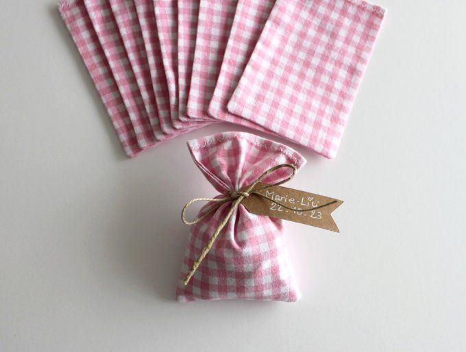 sachet pochon sac dragées  tissu vichy rose clair baptême