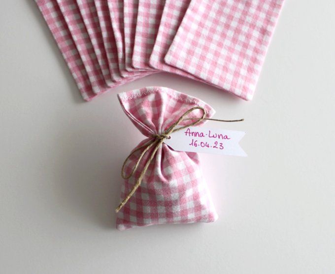 sachet pochon sac dragées  tissu vichy rose clair baptême